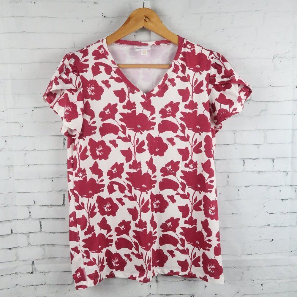 LULAROE DARK PINK FLORAL SHORT RUFFLE SLEEVE V NECK TOP SIZE XXS
